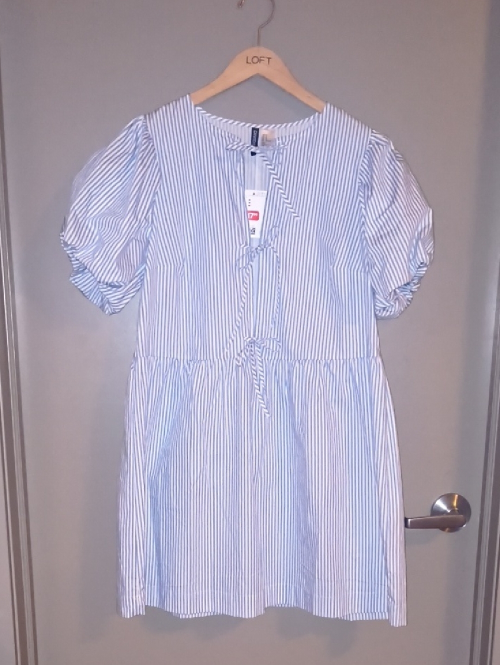 Divided Blue and White Striped Mini Dress with Puff Sleeves